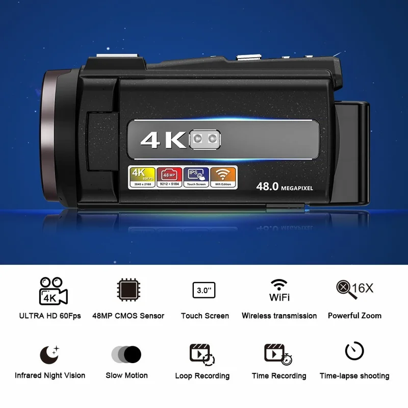 HDV-254KM 3.0 Inch Touch Screen 4K Digital Video Camera Ultra HD 48MP 16X Zoom IR Night Vision Cam, with 32GB Card