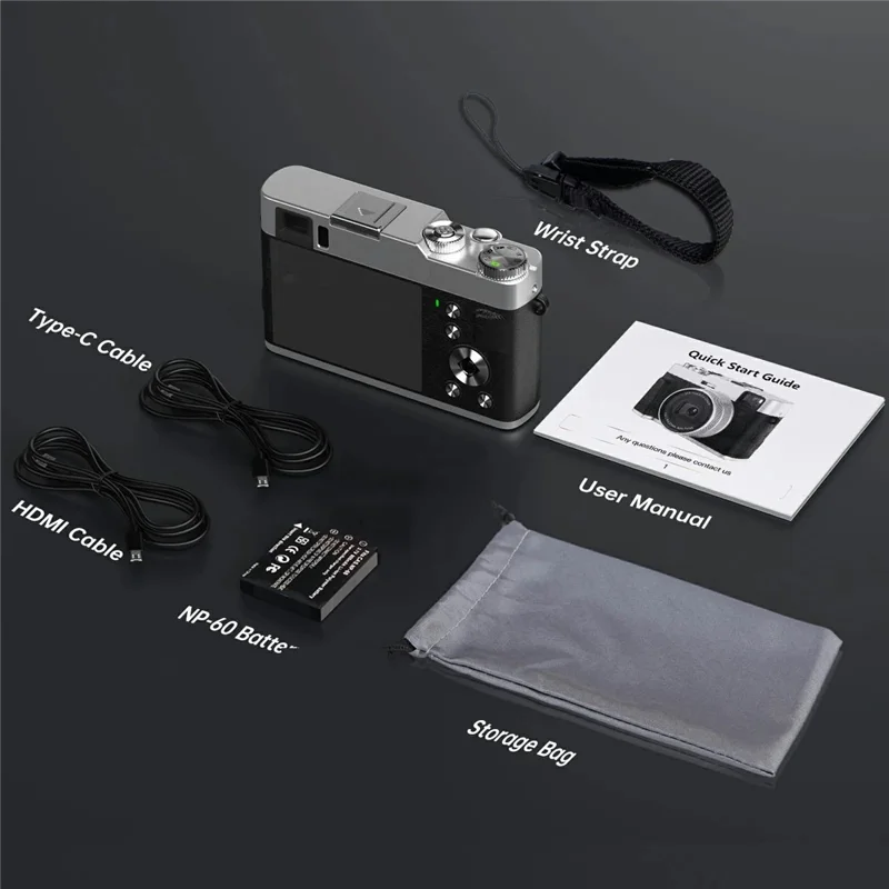 DC202L-AF Retro 4K Selfie Camera Photoflash Light Digital Camera with 32G TF Card for Kids Teens - Black