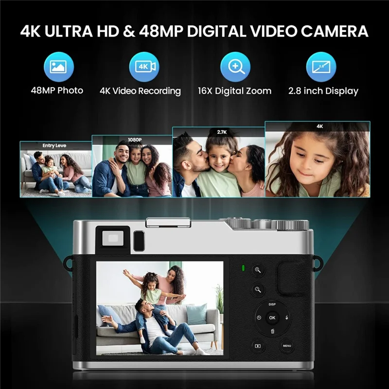 DC202L-AF Retro 4K Selfie Camera Photoflash Light Digital Camera with 32G TF Card for Kids Teens - Black