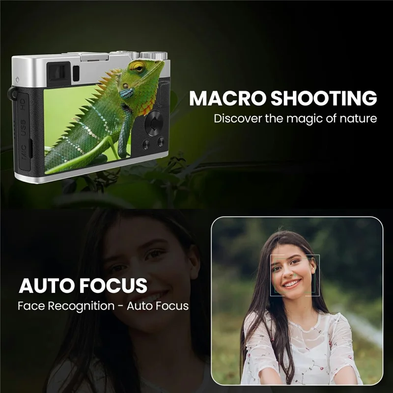 DC202L-AF Retro 4K Selfie Camera Photoflash Light Digital Camera with 32G TF Card for Kids Teens - Black