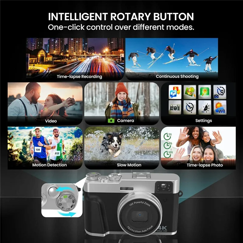 DC202L-AF Retro 4K Selfie Camera Photoflash Light Digital Camera with 32G TF Card for Kids Teens - Black