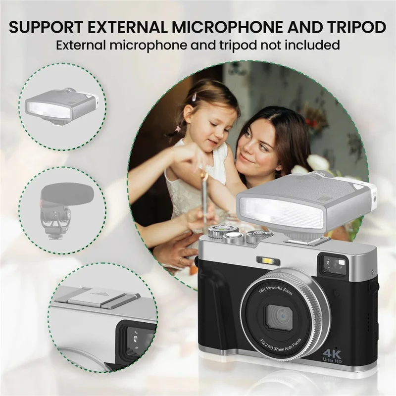 DC202L-AF Retro 4K Selfie Camera Photoflash Light Digital Camera with 32G TF Card for Kids Teens - Black