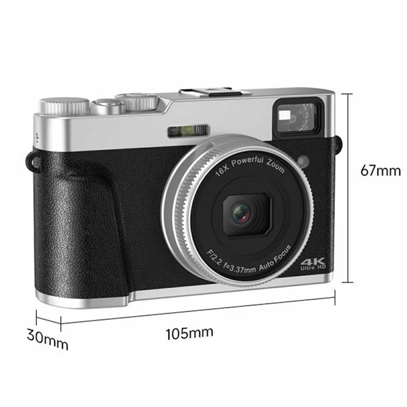 DC202L-AF Retro 4K Selfie Camera Photoflash Light Digital Camera with 32G TF Card for Kids Teens - Black