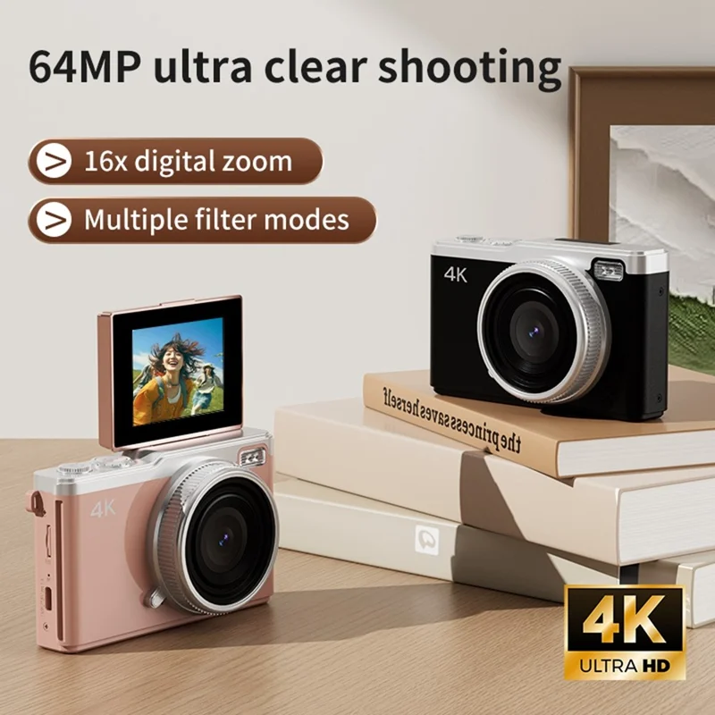 D72 2.4 Inch HD Flip Screen CCD Portable Digital Camera 4K Video Recording 16X Digital Zoom - Black