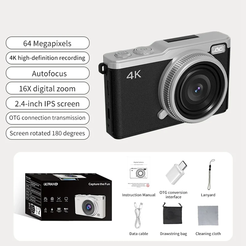 D72 2.4 Inch HD Flip Screen CCD Portable Digital Camera 4K Video Recording 16X Digital Zoom - Black