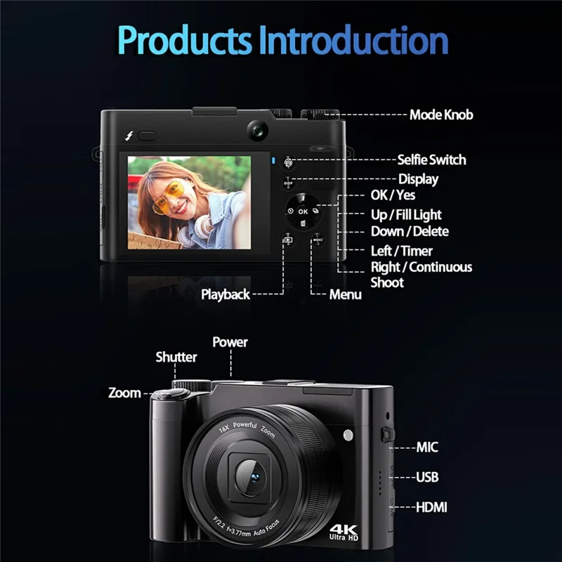 DC218L Retro 4K Digitale Camera Dubbele Lens 64MP 16X Zoom Autofocus Camera voor Beginners