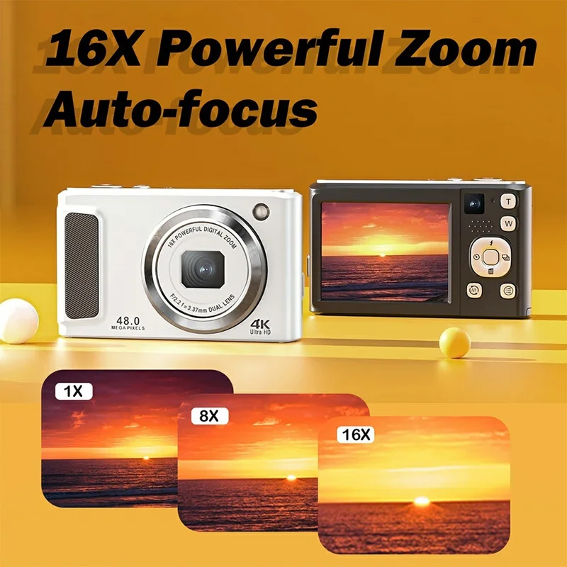 DC308 For Students 2.8 Inch IPS Screen Digital Camera 16X Zoom 4K HD Dual Lens Camcorder - White / EU Plug