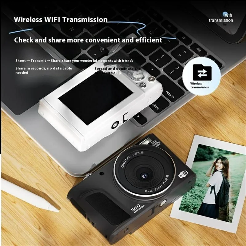 D01 2.8 Inch Flip Screen Portable Digital Camera 16X Zoom HD Photo Video CCD Support WiFi Transfer, with 32GB Card + Card Reader - Black