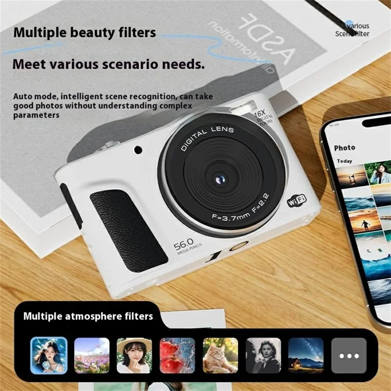 D01 2.8 Inch Flip Screen Portable Digital Camera 16X Zoom HD Photo Video CCD Support WiFi Transfer, with 32GB Card + Card Reader - Black