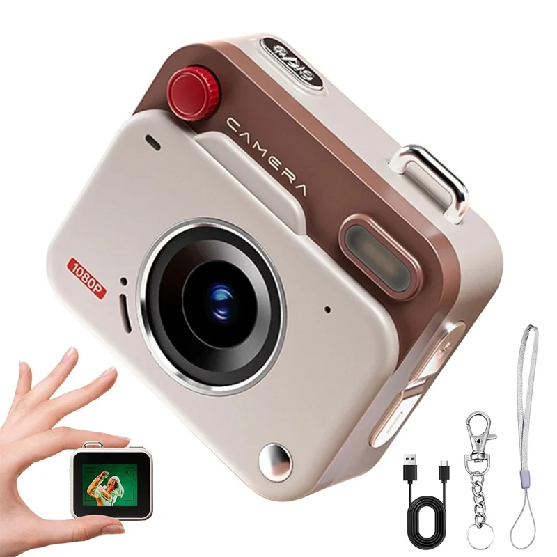 Y6000 Mini Keychain Retro Camera HD 1080P 48MP Tiny Pocket Size Photo Video for Travel Study Recording - Khaki