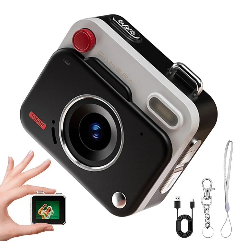 Y6000 Mini Keychain Retro Camera HD 1080P 48MP Tiny Pocket Size Photo Video for Travel Study Recording - Black