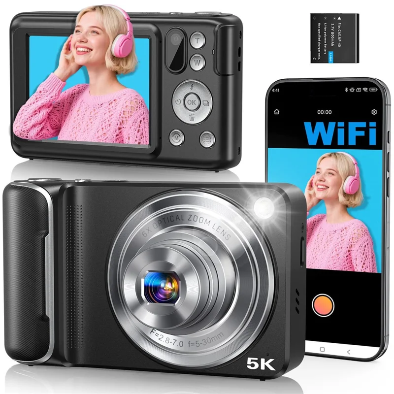 DC309X Digital Camera 6X Optical Zoom High Definition Dual Camera Mini Camcorder for Students  /  Selfie - Black  /  US Plug
