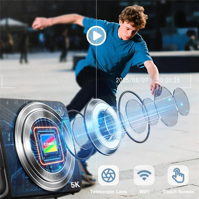 DC309X Digital Camera 6X Optical Zoom High Definition Dual Camera Mini Camcorder for Students  /  Selfie - Black  /  US Plug