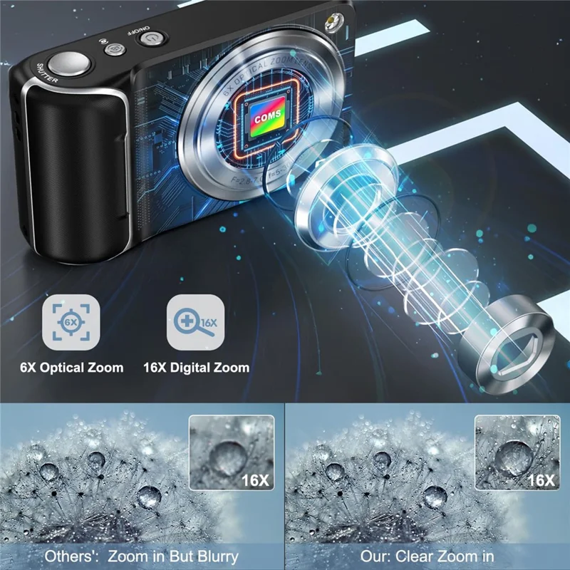 DC309X Digital Camera 6X Optical Zoom High Definition Dual Camera Mini Camcorder for Students  /  Selfie - Black  /  UK Plug