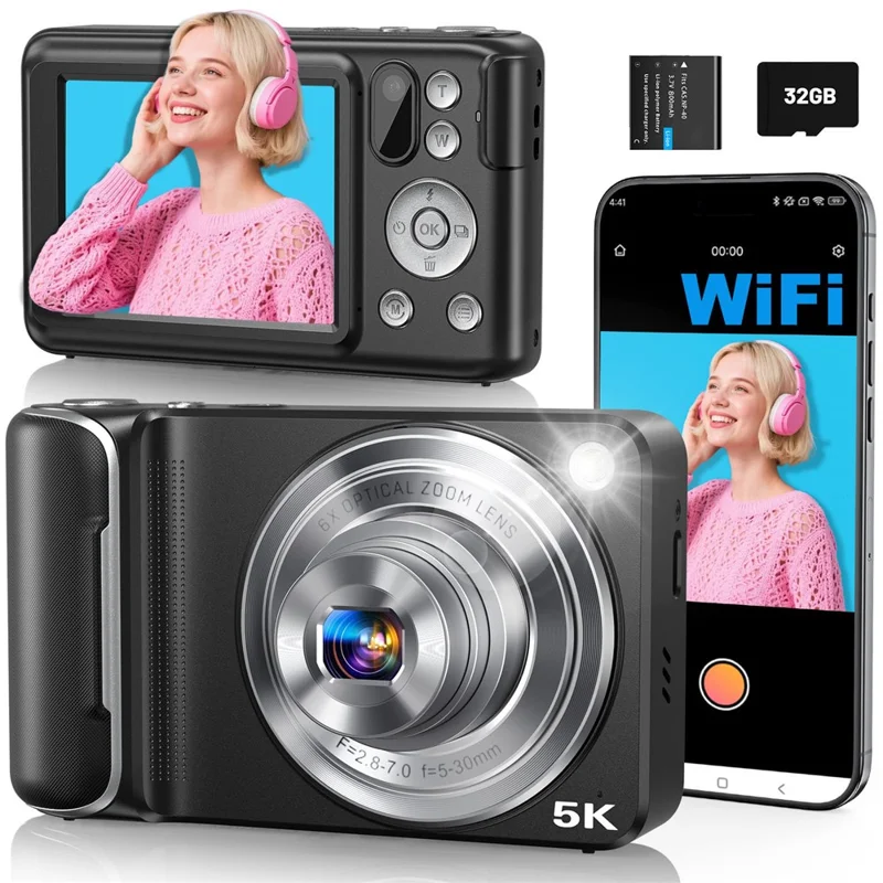 DC309X 6X Optical Zoom Digital Camera with 32GB Memory Card HD Mini Dual Lens Camera for Students  /  Selfie Photography - Black  /  US Plug