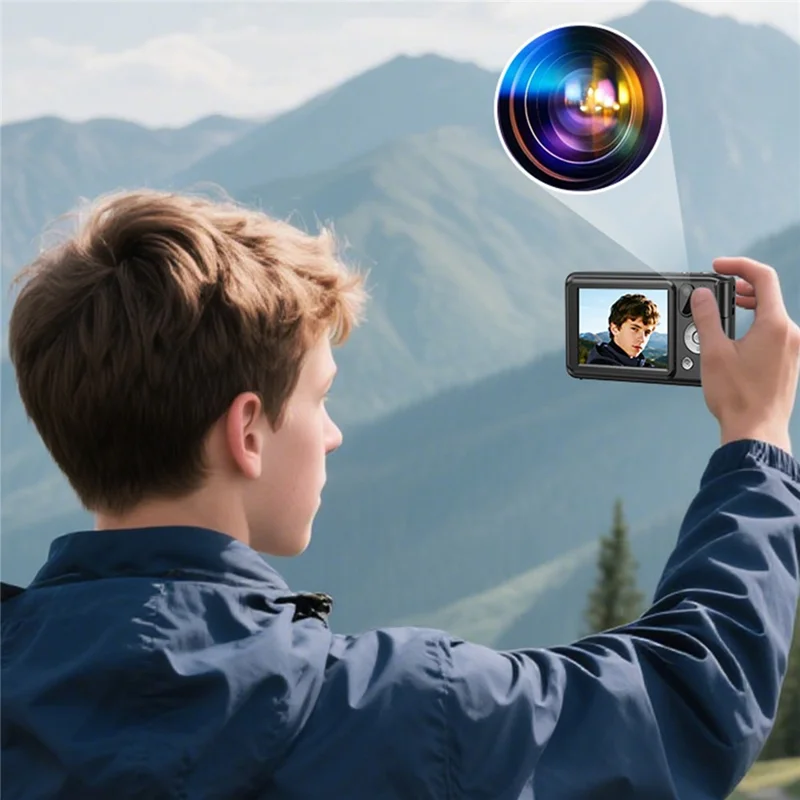 DC309X 6X Optical Zoom Digital Camera with 32GB Memory Card HD Mini Dual Lens Camera for Students  /  Selfie Photography - Black  /  US Plug