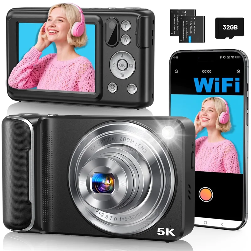 DC309X 6X Optical Zoom Mini Selfie Digital Camera HD Dual Lens 5K Video Recorder with 32GB Card + 2 Batteries - Black / US Plug