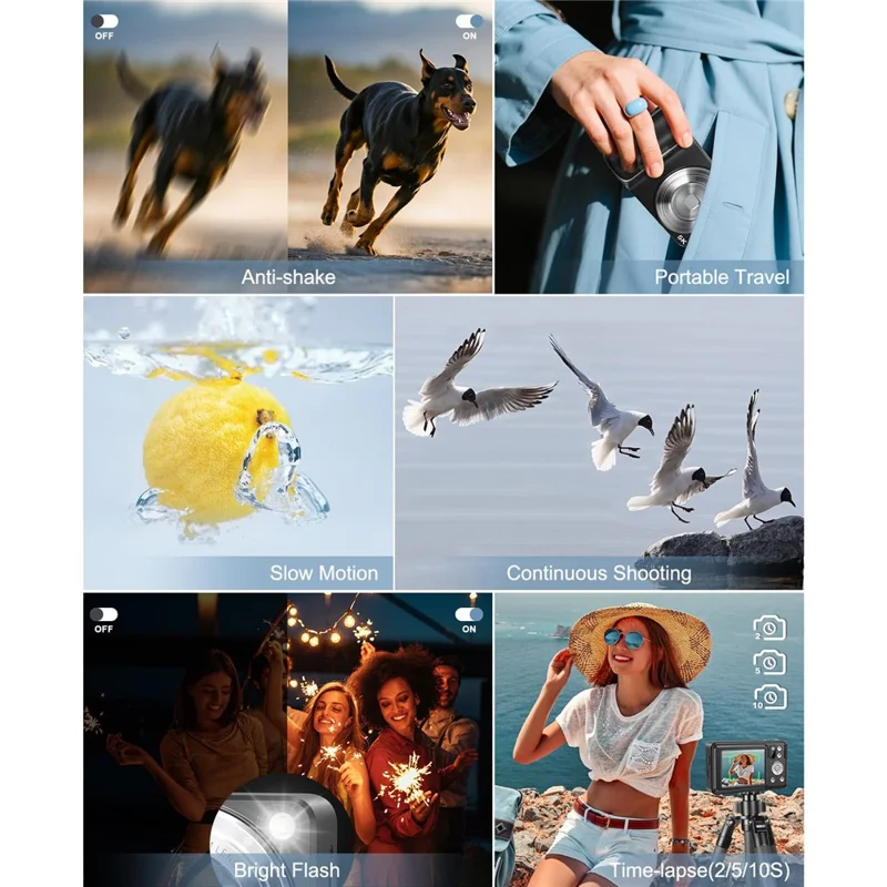 DC309X 6X Optical Zoom Mini Selfie Digital Camera HD Dual Lens 5K Video Recorder with 32GB Card + 2 Batteries - Black / US Plug