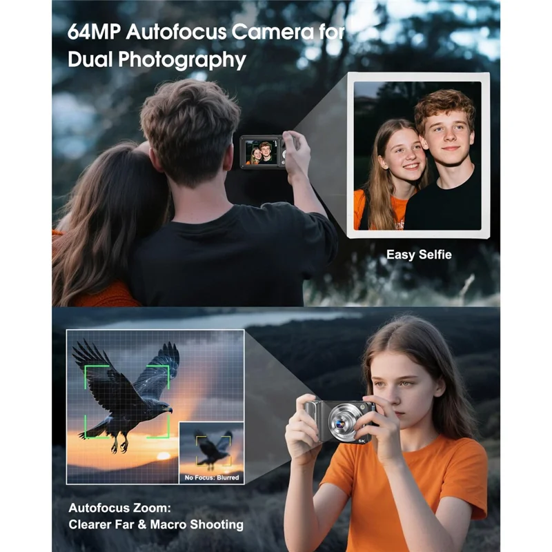 DC309X 6X Optical Zoom Mini Selfie Digital Camera HD Dual Lens 5K Video Recorder with 32GB Card + 2 Batteries - Black / US Plug