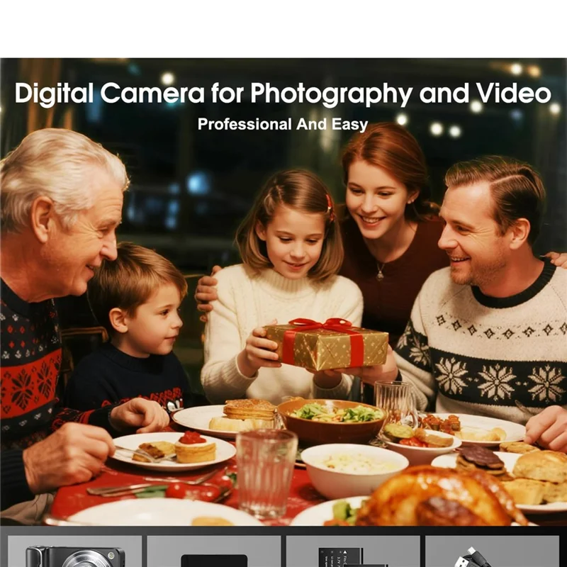 DC309X 6X Optical Zoom Mini Selfie Digital Camera HD Dual Lens 5K Video Recorder with 32GB Card + 2 Batteries - Black / US Plug