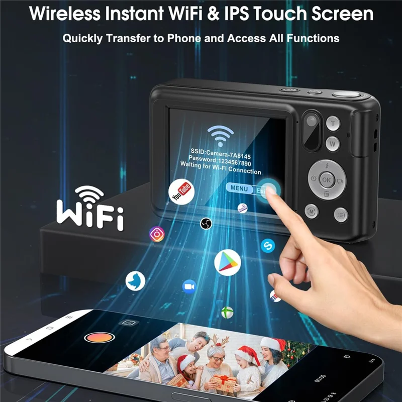 DC309X 6X Optical Zoom Mini Selfie Digital Camera HD Dual Lens 5K Video Recorder with 32GB Card + 2 Batteries - Black / US Plug