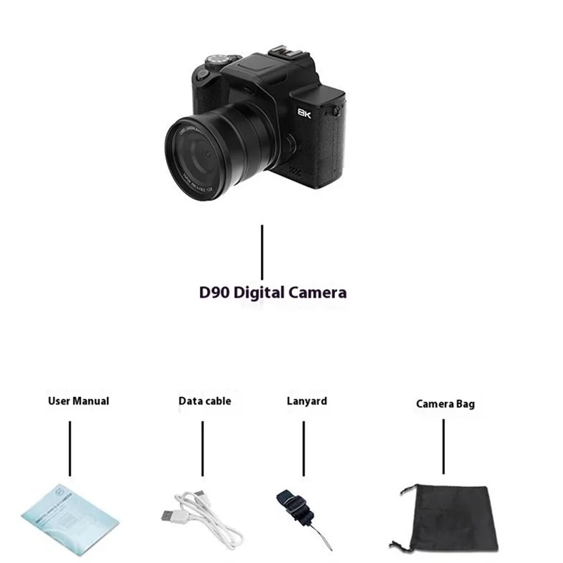 Appareil photo numérique 5K à écran tactile haute résolution de 4,0 pouces D90 avec zoom 18X, mise au point automatique, enregistreur vidéo et carte 32 Go