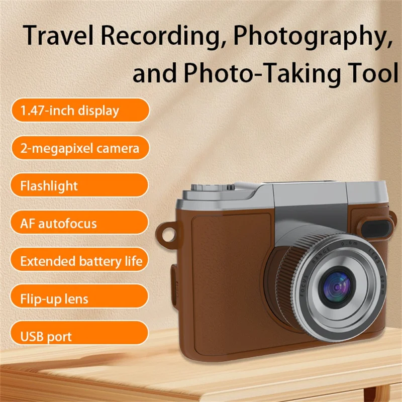 DM20 Auto Focus Mini Digital Camera 1.47 Inch HD Screen Flip Lens Video Recording CCD for Students - Brown