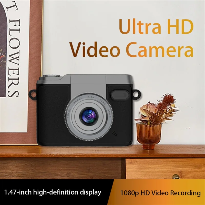 DM20 Auto Focus Mini Digital Camera 1.47 Inch HD Screen Flip Lens Video Recording CCD for Students, with 32GB Card + Card Reader - Black