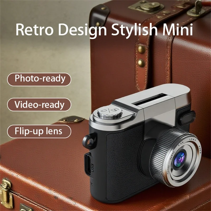 DM20 Auto Focus Mini Digital Camera 1.47 Inch HD Screen Flip Lens Video Recording CCD for Students, with 32GB Card + Card Reader - Black