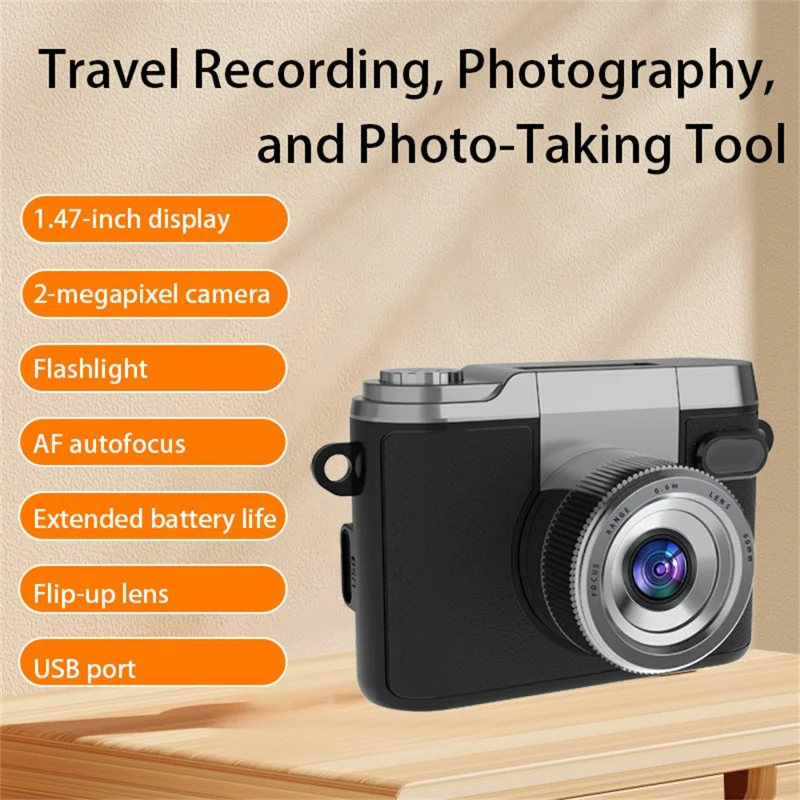 DM20 Auto Focus Mini Digital Camera 1.47 Inch HD Screen Flip Lens Video Recording CCD for Students, with 32GB Card + Card Reader - Black