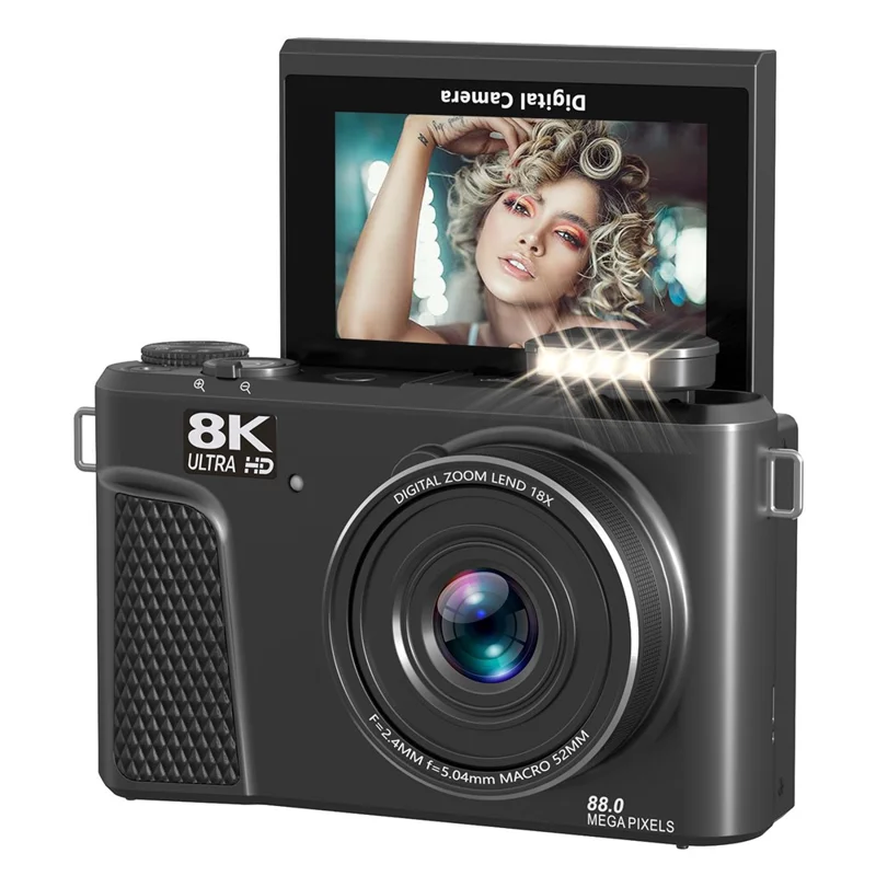 WD300-8K 88MP 8K Digital Camera MAX 18X Zoom Autofocus WiFi Travel Camera with 3 inch Flip Screen Multi Filter - Black