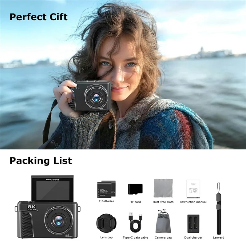 WD300-8K 88MP 8K 3 inch 180 Degree Flip Screen Digital Camera 18X Zoom WiFi Travel Camera with 32GB Card + Card Reader - Black