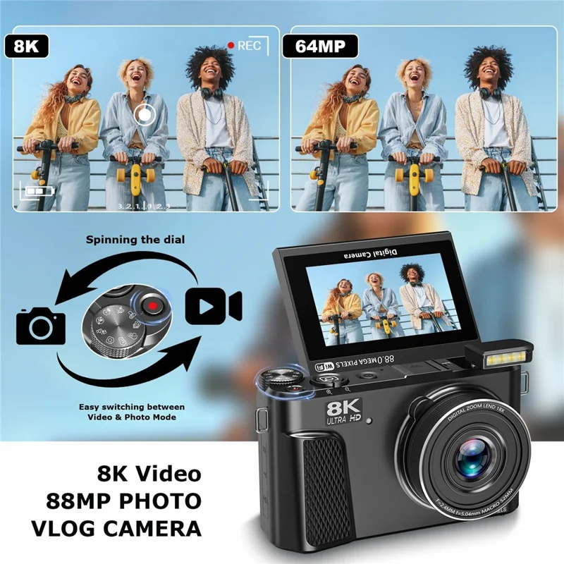 WD300-8K 88MP 8K 3 inch 180 Degree Flip Screen Digital Camera 18X Zoom WiFi Travel Camera with 32GB Card + Card Reader - Black