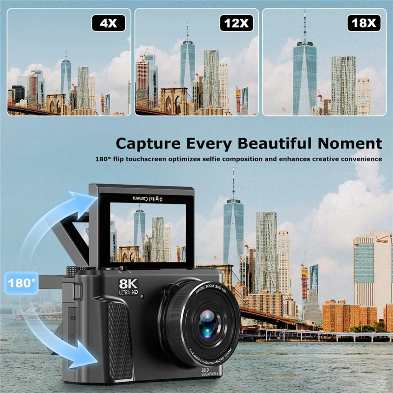 WD300-8K 88MP 8K 3 inch 180 Degree Flip Screen Digital Camera 18X Zoom WiFi Travel Camera with 32GB Card + Card Reader - Black