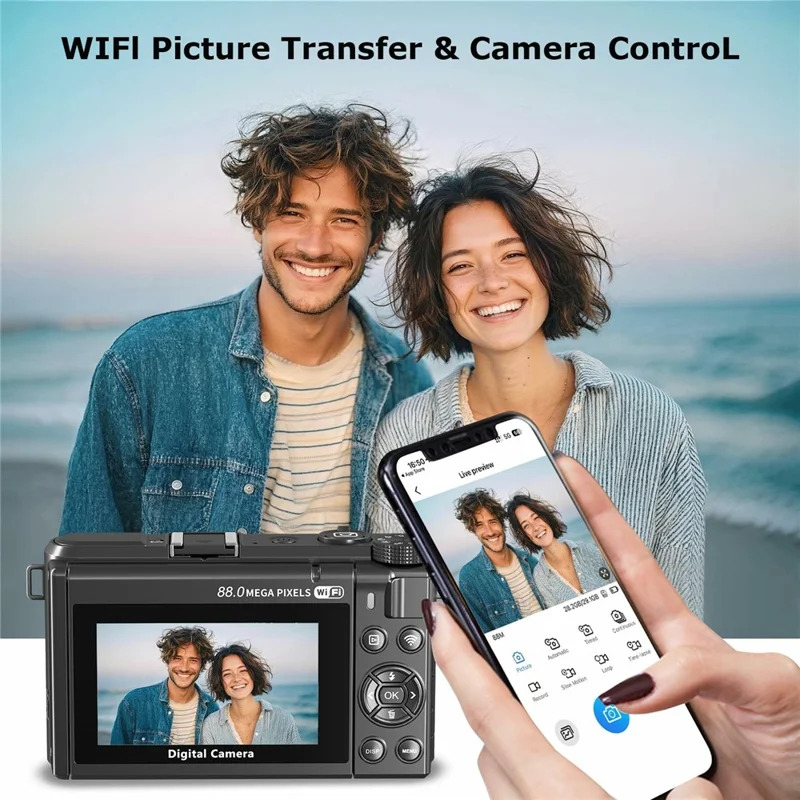 WD300-8K 88MP 8K 3 inch 180 Degree Flip Screen Digital Camera 18X Zoom WiFi Travel Camera with 32GB Card + Card Reader - Black