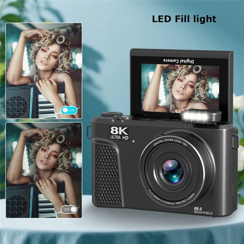 WD300-8K 88MP 8K 3 inch 180 Degree Flip Screen Digital Camera 18X Zoom WiFi Travel Camera with 32GB Card + Card Reader - Black