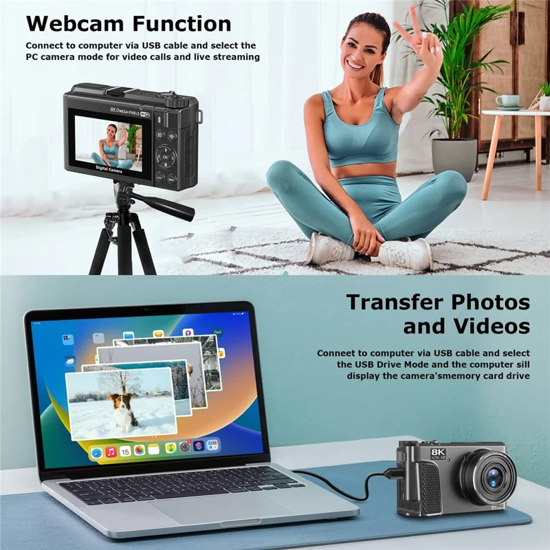 WD300-8K 88MP 8K 3 inch 180 Degree Flip Screen Digital Camera 18X Zoom WiFi Travel Camera with 32GB Card + Card Reader - Black