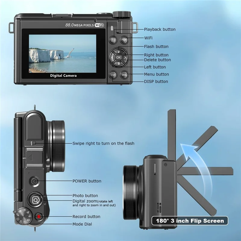 WD300-8K 88MP 8K 3 inch 180 Degree Flip Screen Digital Camera 18X Zoom WiFi Travel Camera with 32GB Card + Card Reader - Black