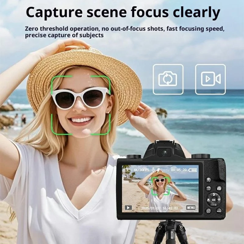 Appareil photo numérique 4K WD100-4K 75MP 20X Zoom optique Écran tactile de 4,0 pouces Appareil photo sans miroir Haute définition - Noir