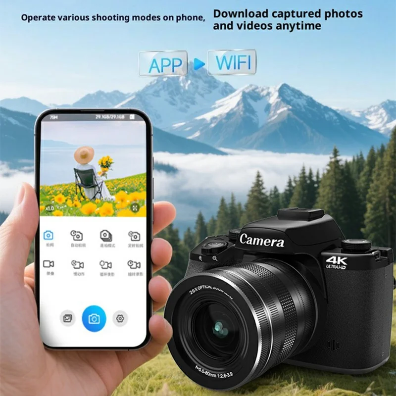 Appareil photo numérique 4K WD100-4K 75MP 20X Zoom optique Écran tactile de 4,0 pouces Appareil photo sans miroir Haute définition - Noir