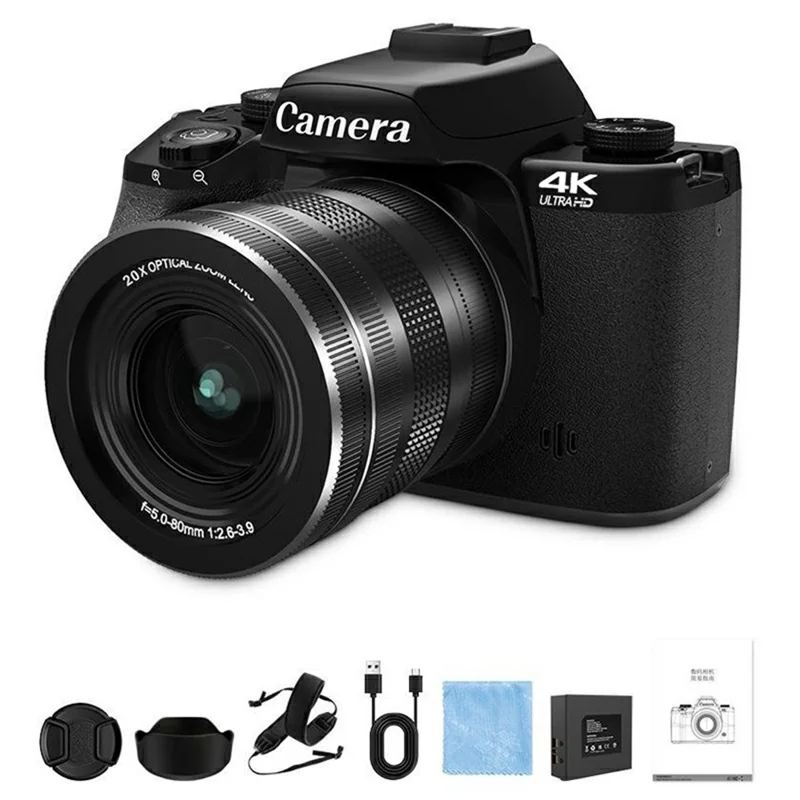 Appareil photo numérique 4K WD100-4K 75MP 20X Zoom optique Écran tactile de 4,0 pouces Appareil photo sans miroir Haute définition - Noir