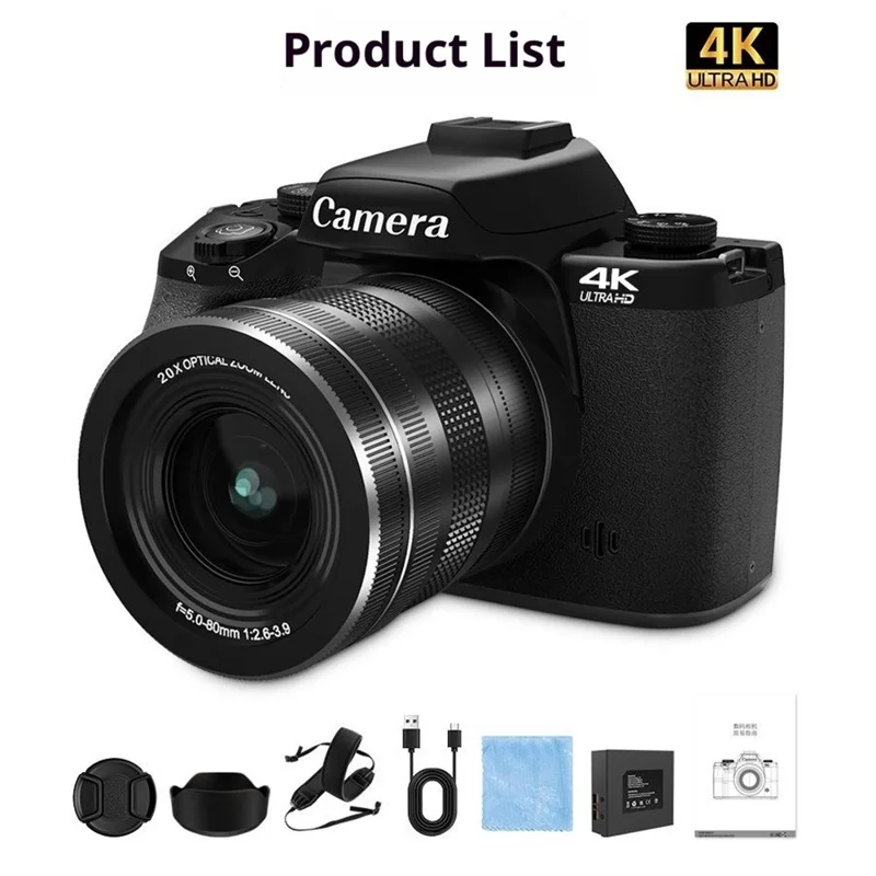 WD100-4K 75MP 4K Digital Camera 20X Optical Zoom 4.0 inch Touchscreen Mirrorless Camera with 64GB Card + Card Reader - Black