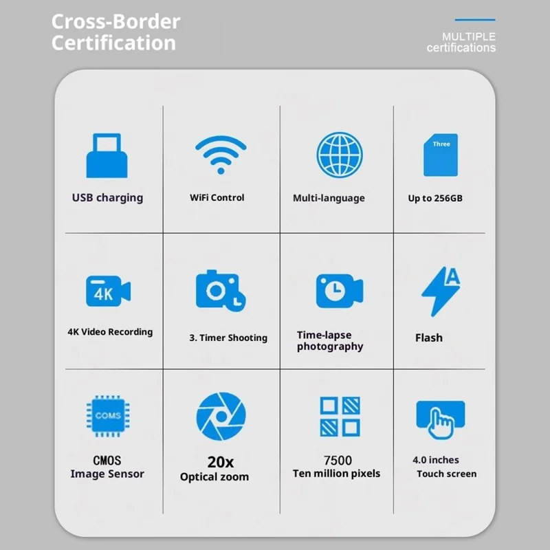 WD100-4K 75MP 4K Digital Camera 20X Optical Zoom 4.0 inch Touchscreen Mirrorless Camera with 64GB Card + Card Reader - Black