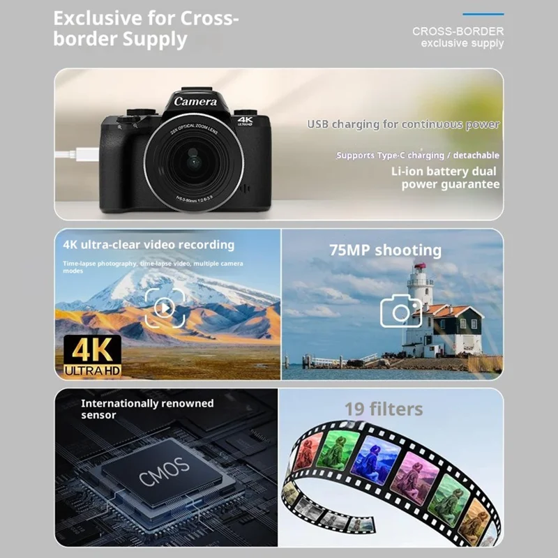 WD100-4K 75MP 4K Digital Camera 20X Optical Zoom 4.0 inch Touchscreen Mirrorless Camera with 64GB Card + Card Reader - Black