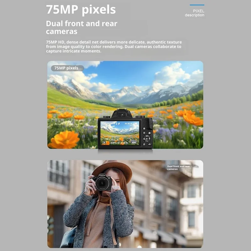 WD100-4K 75MP 4K Digital Camera 20X Optical Zoom 4.0 inch Touchscreen Mirrorless Camera with 64GB Card + Card Reader - Black