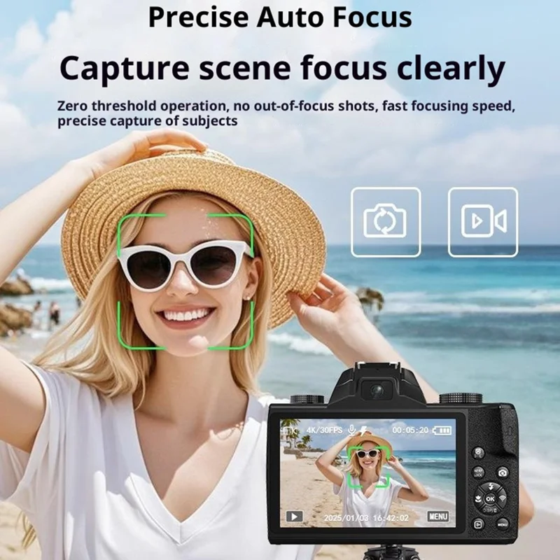 WD100-4K 75MP 4K Digital Camera 20X Optical Zoom 4.0 inch Touchscreen Mirrorless Camera with 64GB Card + Card Reader - Black