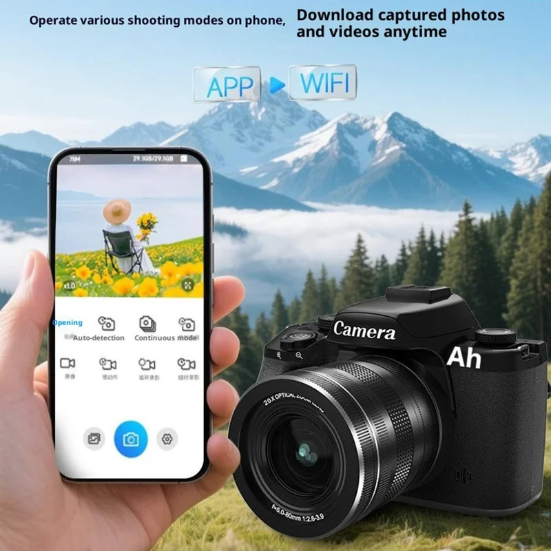 WD100-4K 75MP 4K Digital Camera 20X Optical Zoom 4.0 inch Touchscreen Mirrorless Camera with 64GB Card + Card Reader - Black