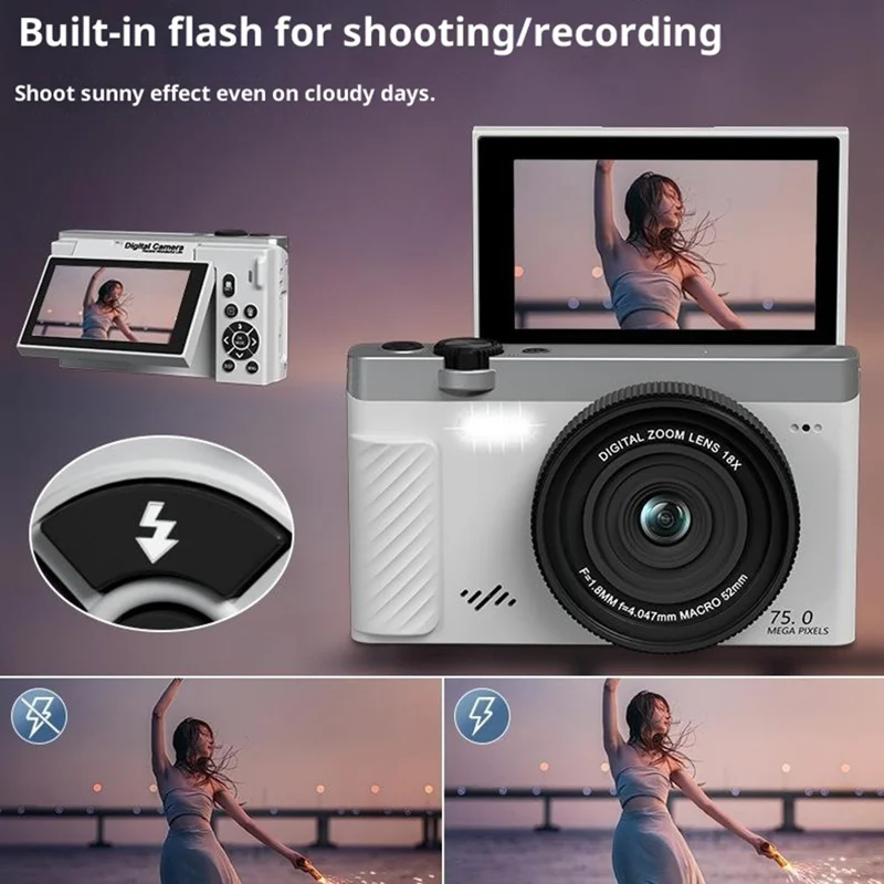 WD600-4K 75MP 4K Fotocamera Digitale 18X Zoom WiFi Fotocamera da Viaggio 3 pollici 180 Gradi Schermo Flip con 31 Diversi Filtri - Nero