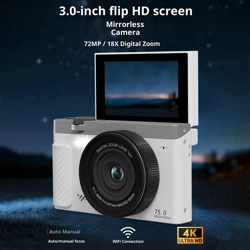 WD600-4K 75MP 4K Fotocamera Digitale 18X Zoom WiFi Fotocamera da Viaggio 3 pollici 180 Gradi Schermo Flip con 31 Diversi Filtri - Nero