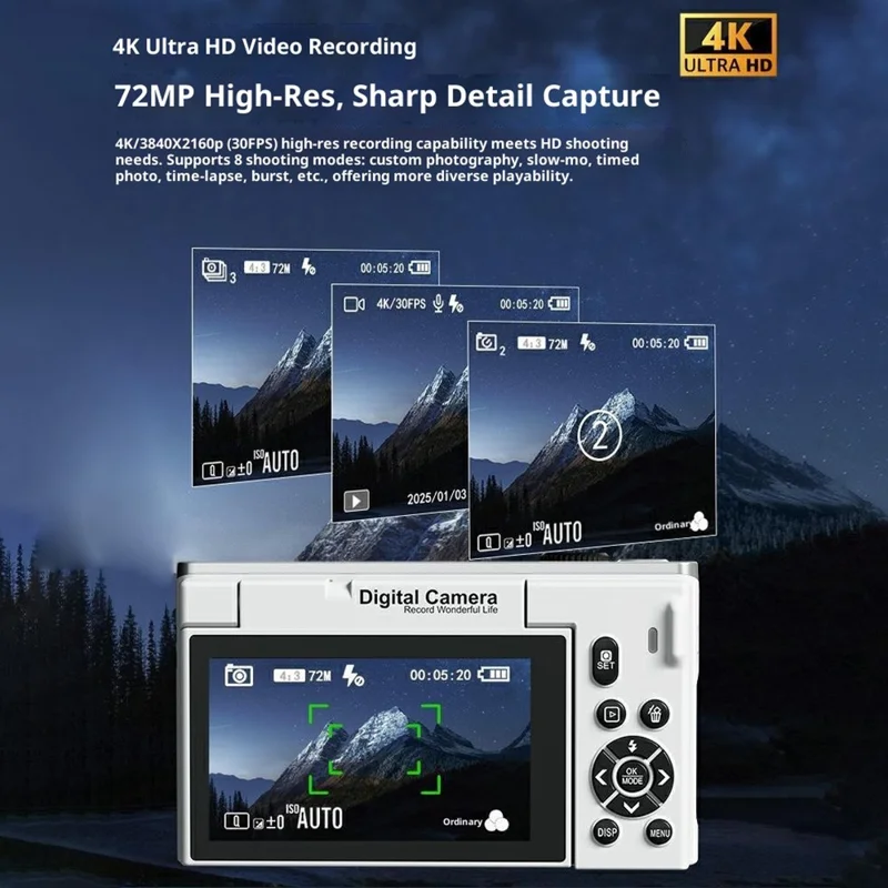 WD6003-4K 75MP 4K Digital Camera 3inch 180 Degree Flip Screen 18X Zoom WiFi Travel Camera with 32GB Card + Card Reader - Black